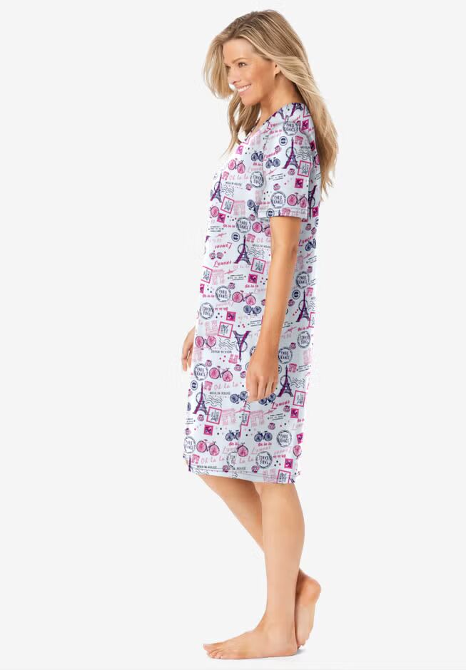 Raspberry Sorbet Paris Short Print Cotton Sleepshirt with ribbed V-neck and short sleeves – women’s nightwear"