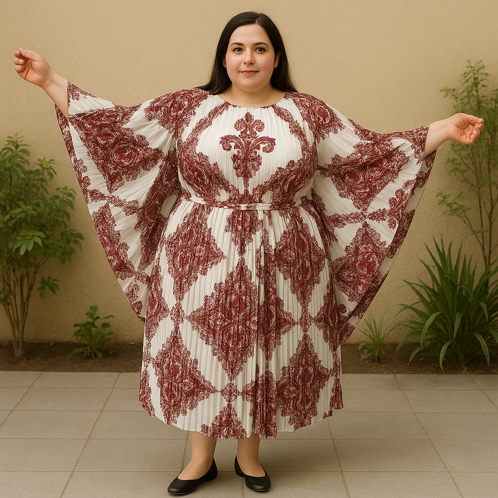 Vintage Maroon Patterned Pleated Plus Size Kaftan PSW-9413