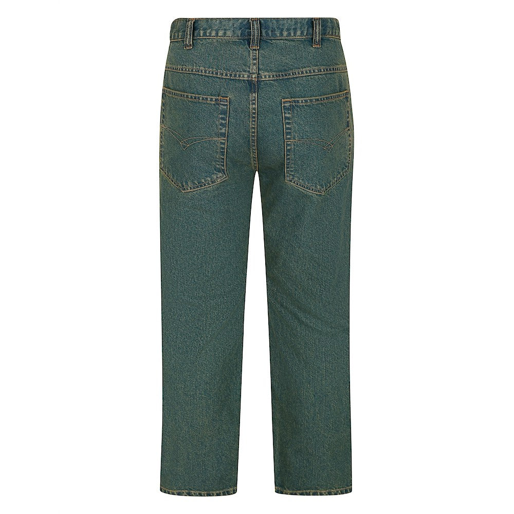 "Men’s vintage wash regular fit jeans with straight leg, button fastening, zip fly, belt loops, and five-pocket design, crafted from 100% cotton denim."