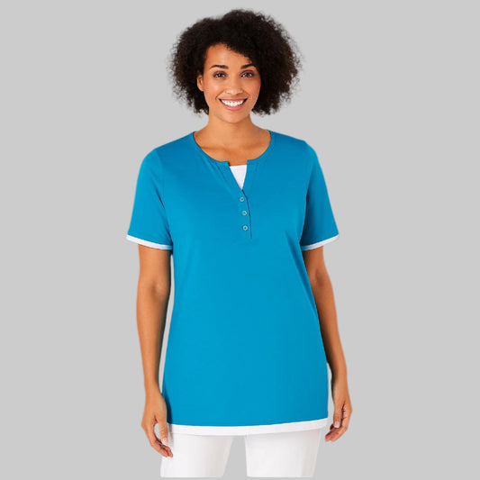 Aqua Faux Layered Henley Tee for Women – Short Sleeves Casual Top