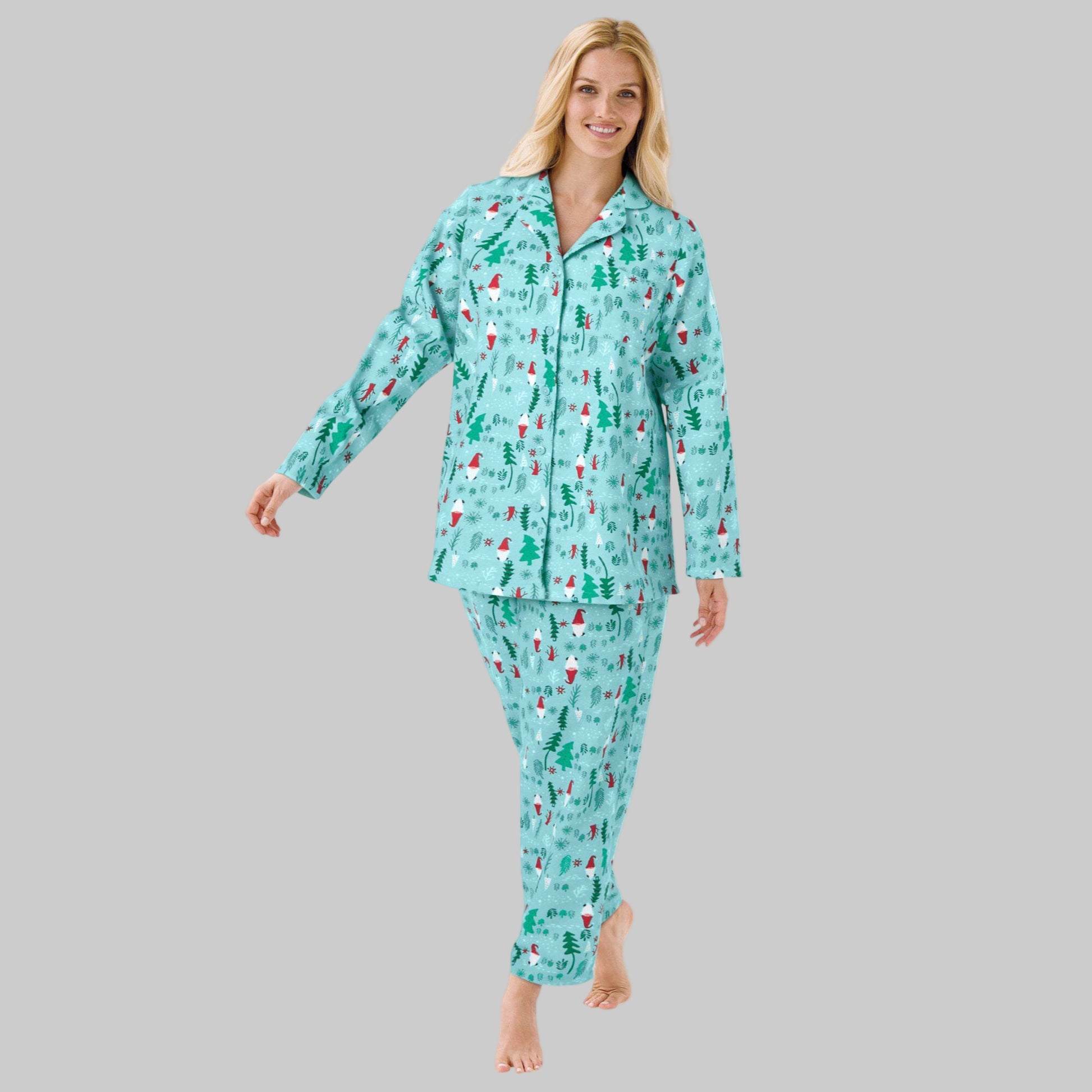 Aqua Holiday Print Cotton Flannel Pajama Set with button-front top and elastic waist pants — soft, cozy women’s sleepwear.