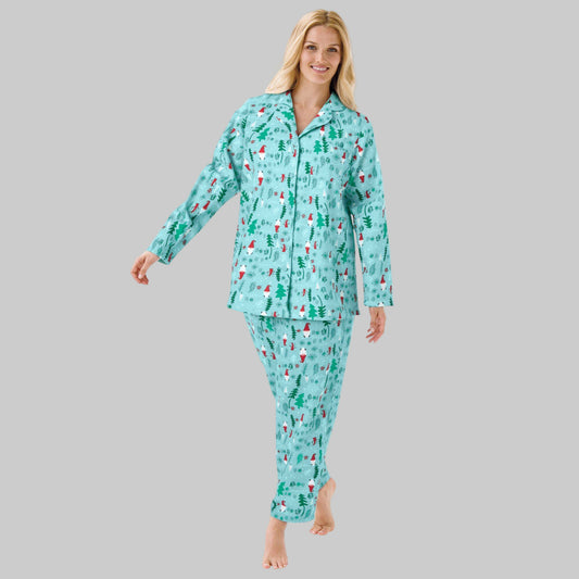 Aqua Holiday Print Cotton Flannel Pajama Set with button-front top and elastic waist pants — soft, cozy women’s sleepwear.
