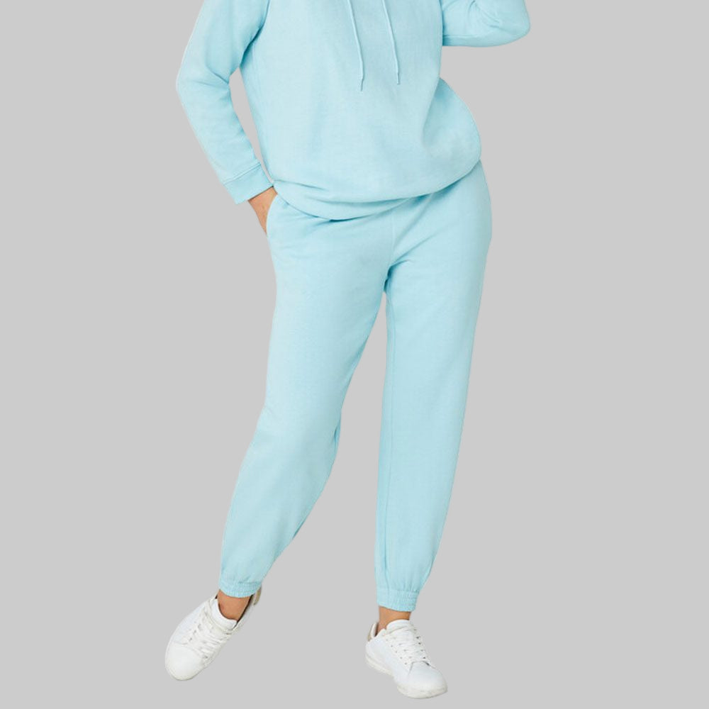 Aqua Sky French Terry Joggers with elastic waistband, drawstring, and ribbed cuffs — ankle-length plus size lounge joggers for women.