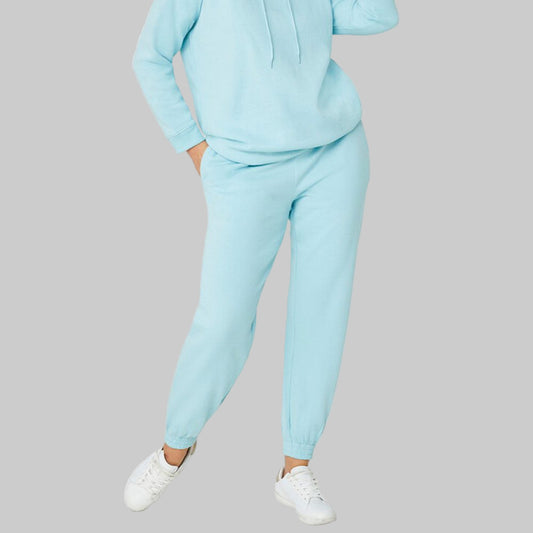 Aqua Sky French Terry Joggers with elastic waistband, drawstring, and ribbed cuffs — ankle-length plus size lounge joggers for women.