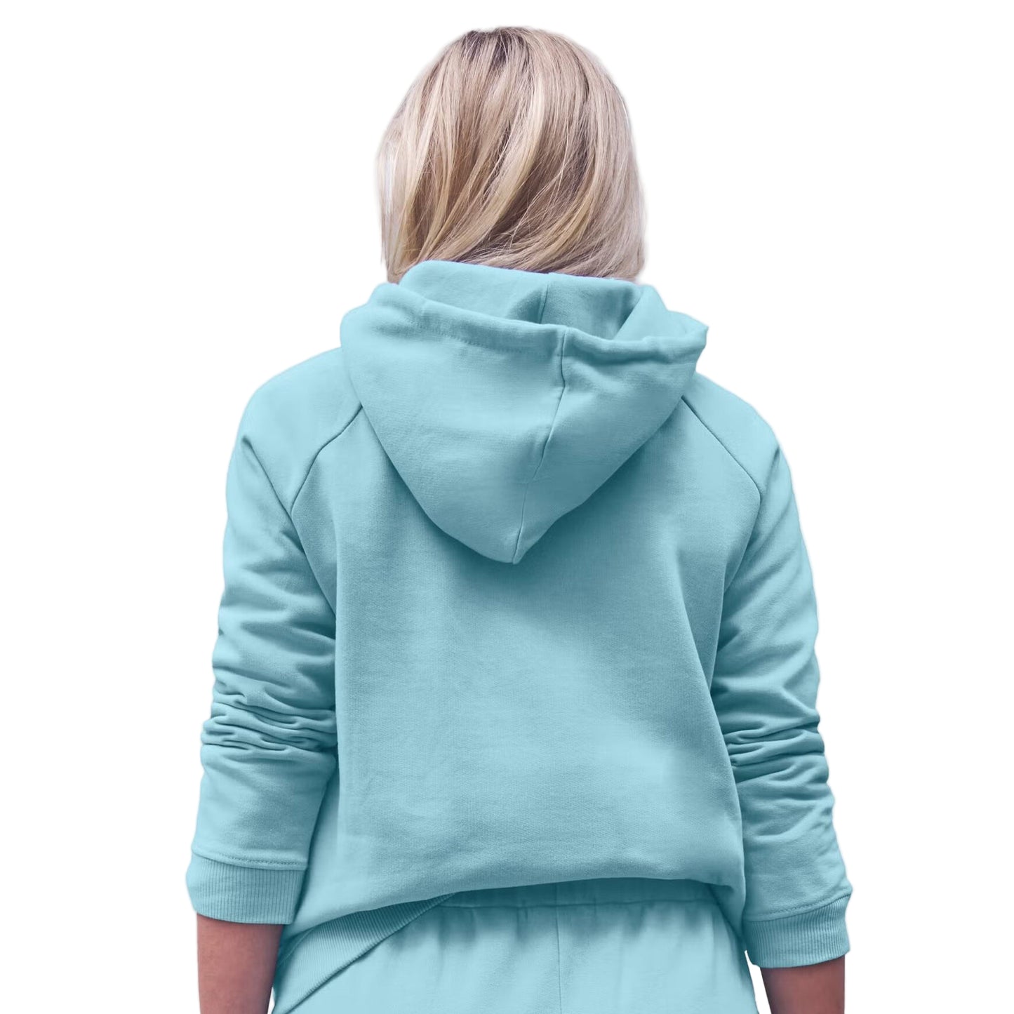 Flat-lay of Aqua Sky Hooded Fleece Sweatshirt on neutral background