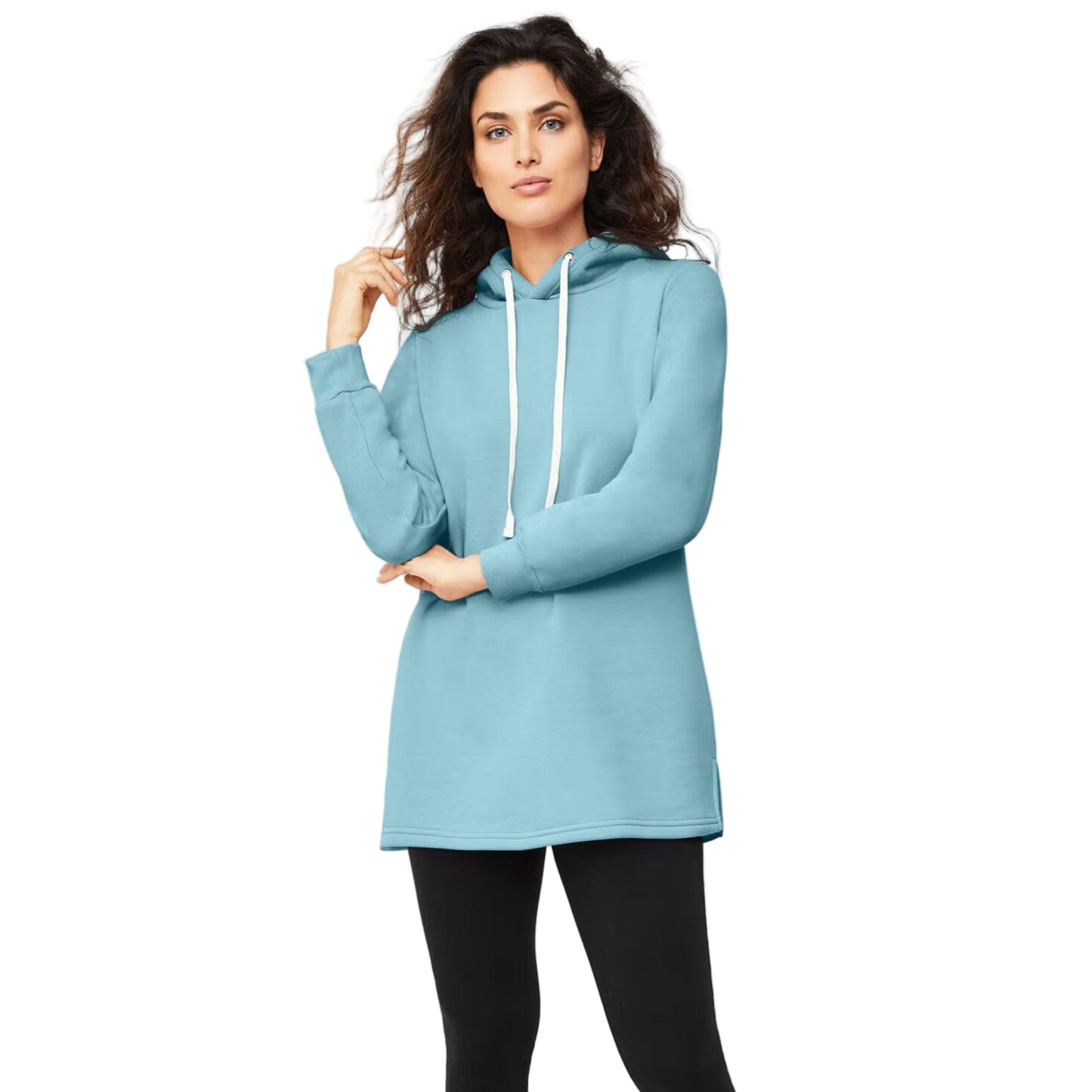 Flat-lay of Aqua Sky Hooded Tunic Sweatshirt on neutral background