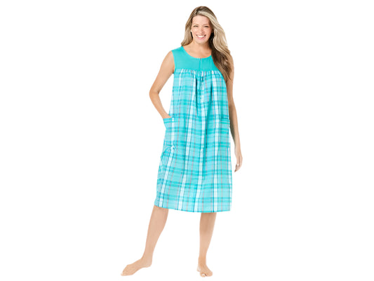Aquamarine plaid zip-up lounger on white background, showing full-zip front and pocket details"