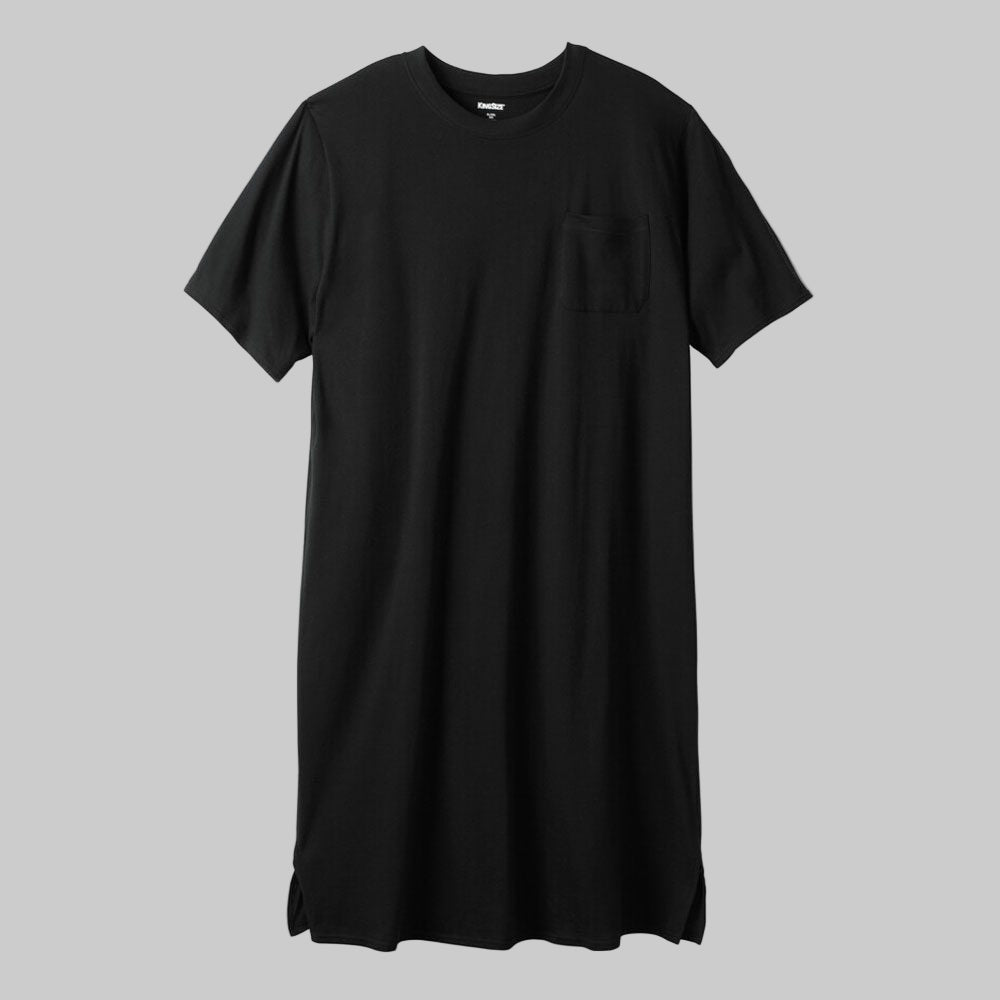 Black Lightweight Cotton Short Sleeve Nightshirt with chest pocket and side vents,