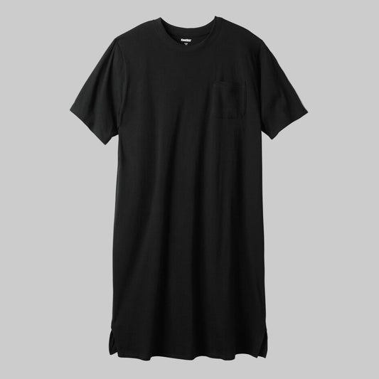 Black Lightweight Cotton Short Sleeve Nightshirt with chest pocket and side vents,