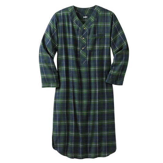 Flat-lay of Balsam Plaid Flannel Nightshirt on neutral background