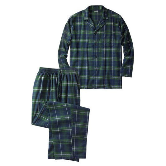 Men’s Balsam Plaid Flannel Pajama Set with button-front shirt, notched collar, chest pocket, and elastic waist pants with pockets, made from soft cotton flannel.