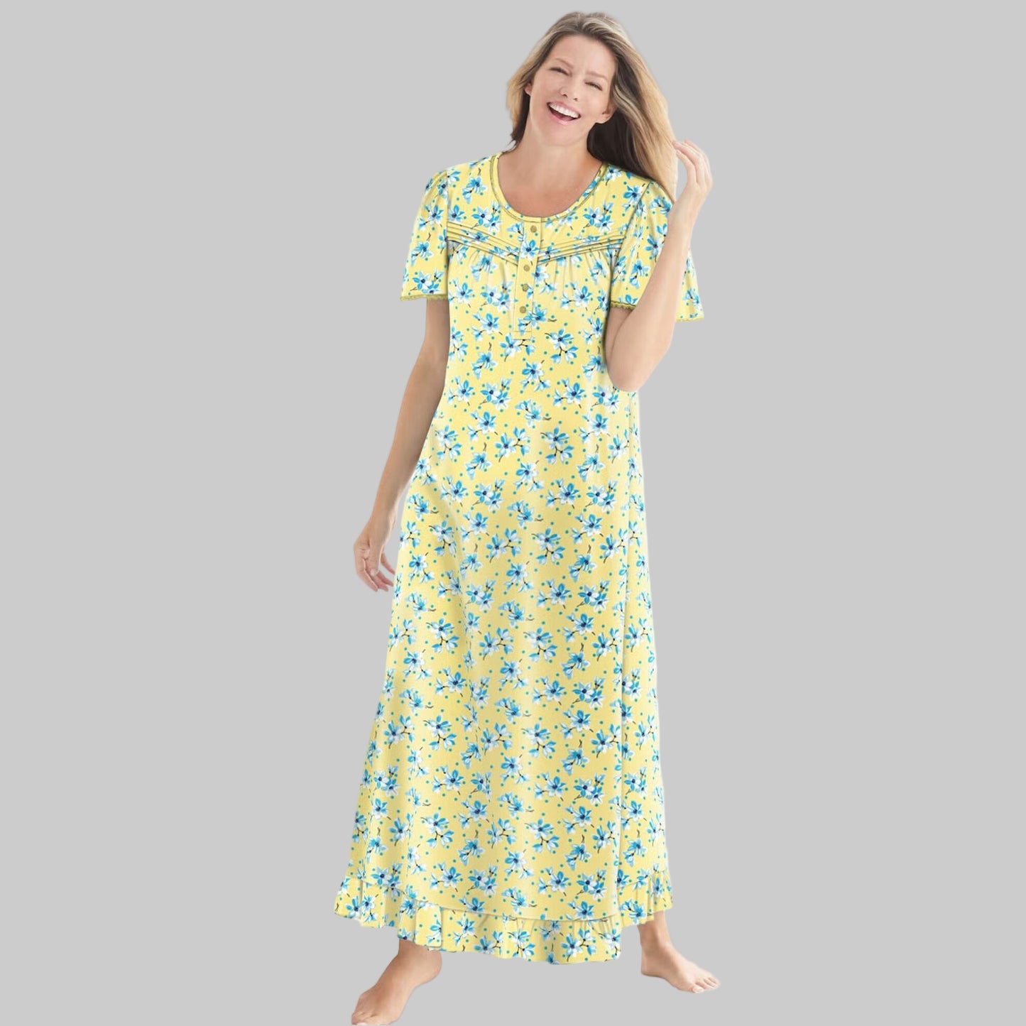 Banana blossom floral long cotton nightgown with flutter sleeves, ruffled hem, and pintuck details — breathable, elegant women’s sleepwear.