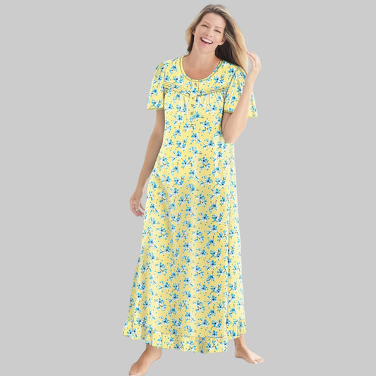 Banana blossom floral long cotton nightgown with flutter sleeves, ruffled hem, and pintuck details — breathable, elegant women’s sleepwear.
