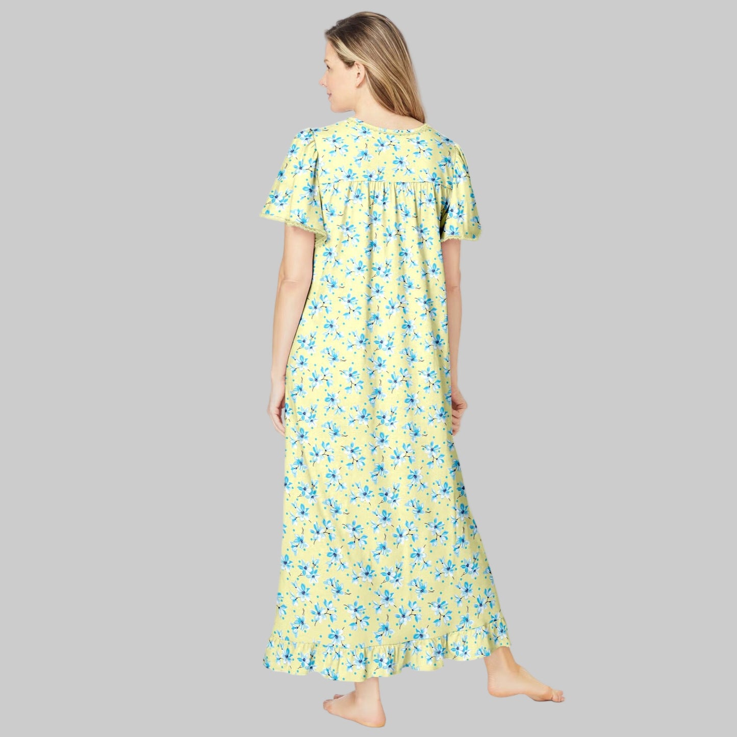 Banana blossom floral long cotton nightgown with flutter sleeves, ruffled hem, and pintuck details — breathable, elegant women’s sleepwear.