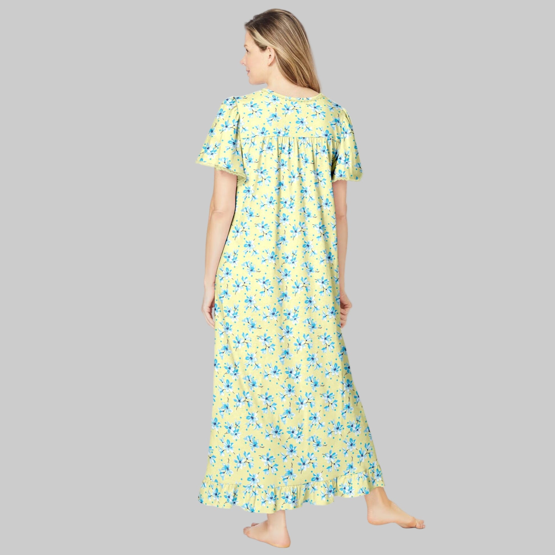 Banana blossom floral long cotton nightgown with flutter sleeves, ruffled hem, and pintuck details — breathable, elegant women’s sleepwear.