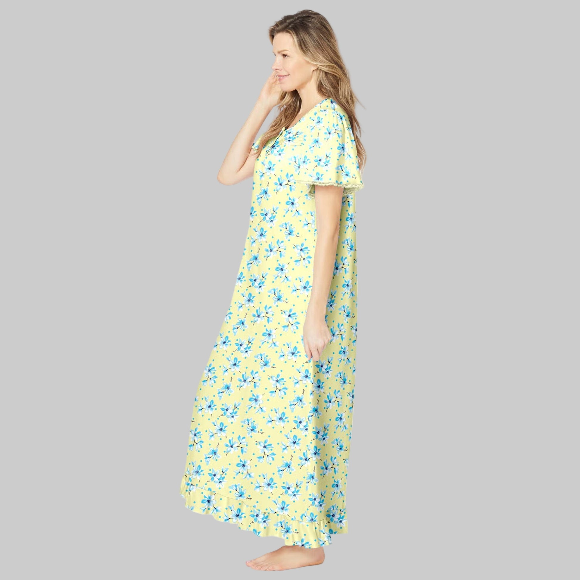 Banana blossom floral long cotton nightgown with flutter sleeves, ruffled hem, and pintuck details — breathable, elegant women’s sleepwear.