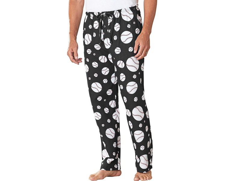 Plus size black flannel pajama pants with baseball print, drawstring waist, button fly, and side pockets – cotton sleepwear for men