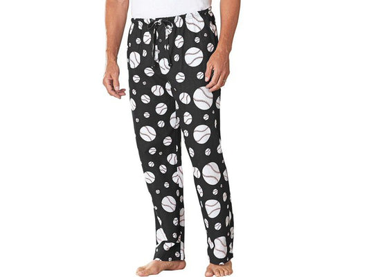 Plus size black flannel pajama pants with baseball print, drawstring waist, button fly, and side pockets – cotton sleepwear for men