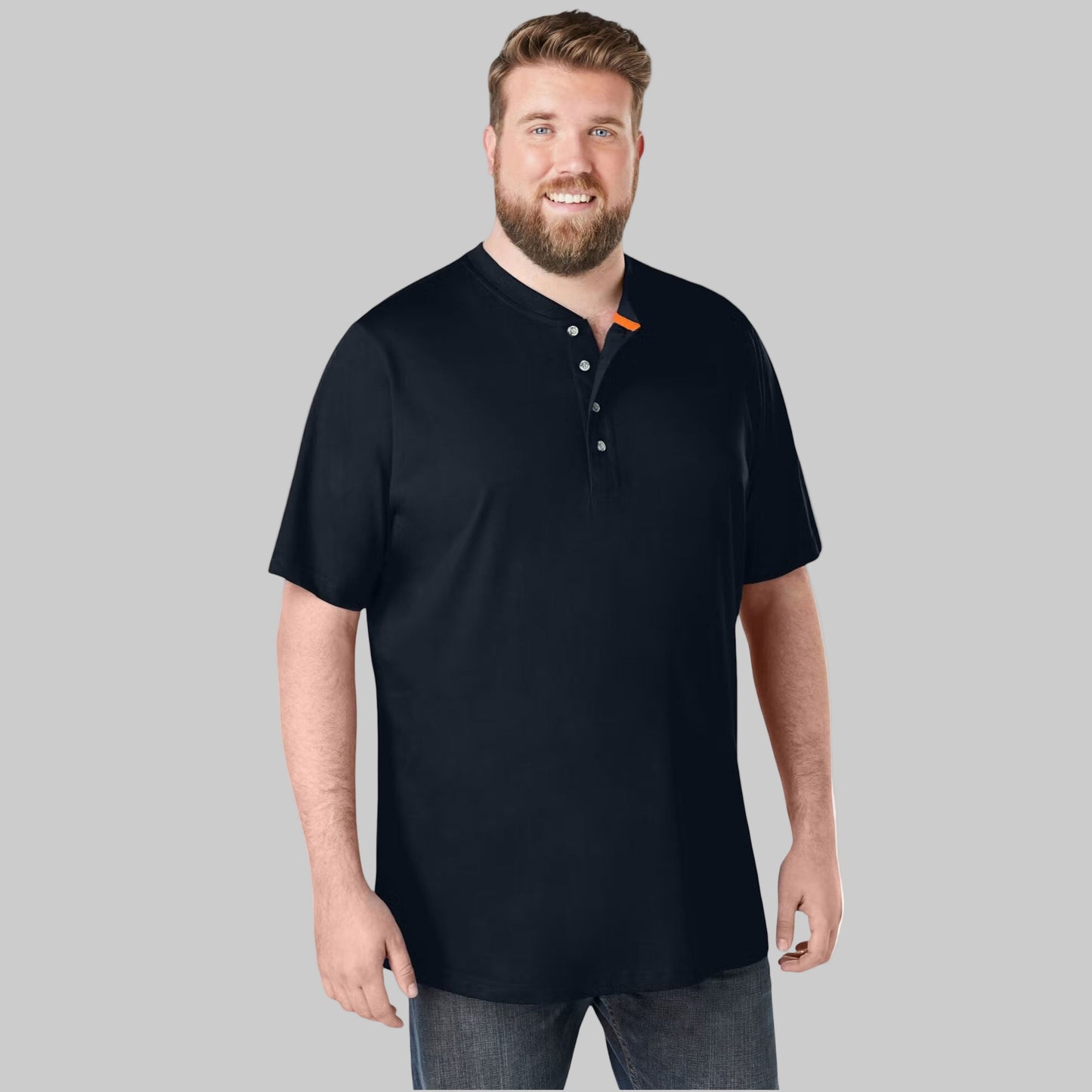Black Henley T-Shirt for big & tall men with 3-button placket and relaxed cotton fit