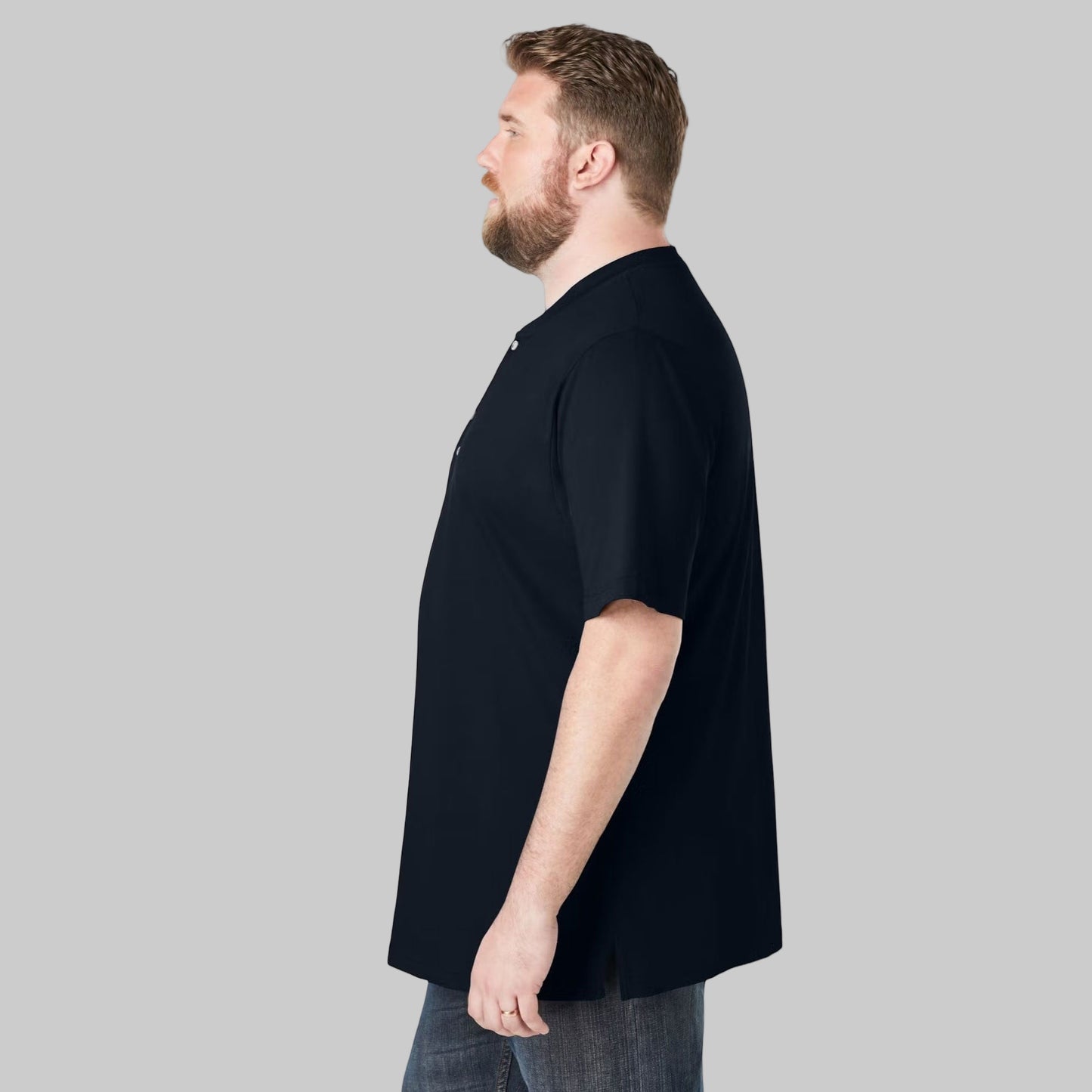 Black Henley T-Shirt for big & tall men with 3-button placket and relaxed cotton fit