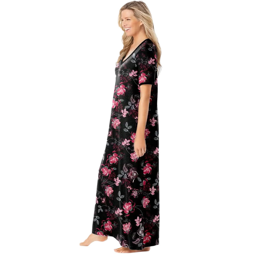 Black long T-shirt lounger with colorful bouquet floral print and soft breathable fabric