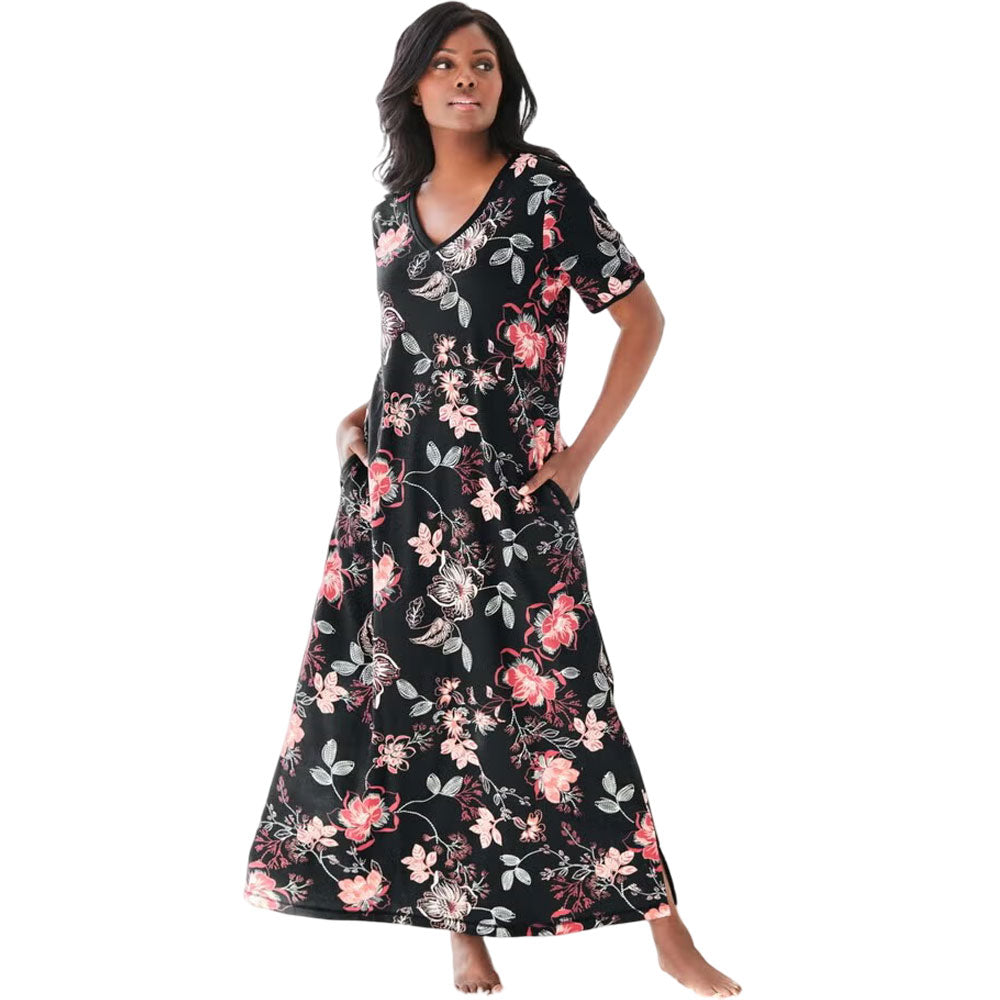 Black long T-shirt lounger with colorful bouquet floral print and soft breathable fabric
