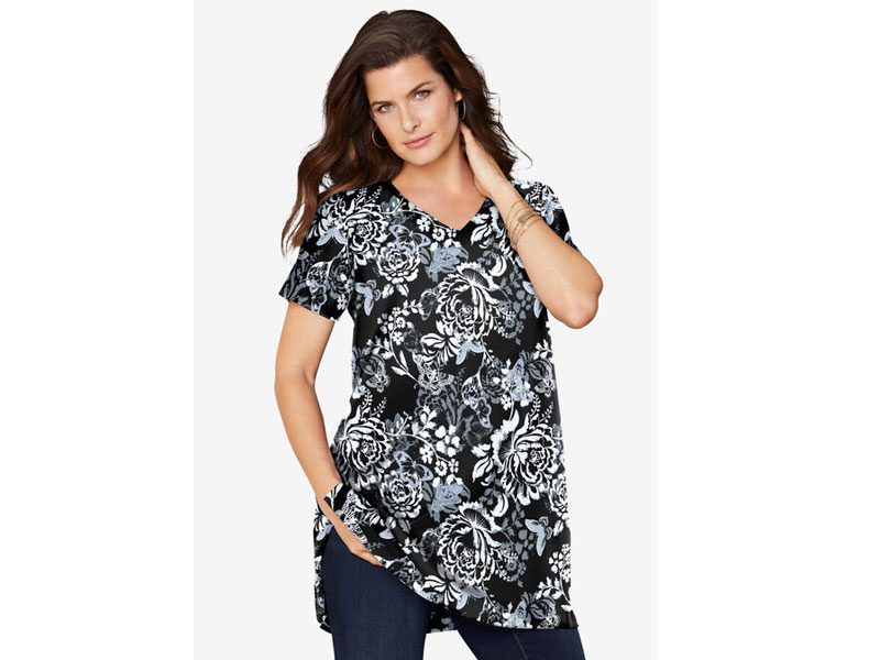 Black Butterfly Bloom Short-Sleeve V Neck Ultimate Tunic PSW-6957