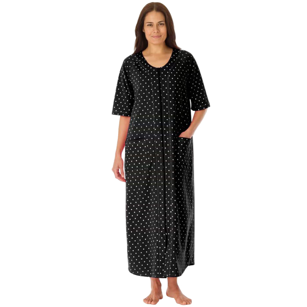 Flat-lay of Black Dot Long French Terry Robe on neutral background