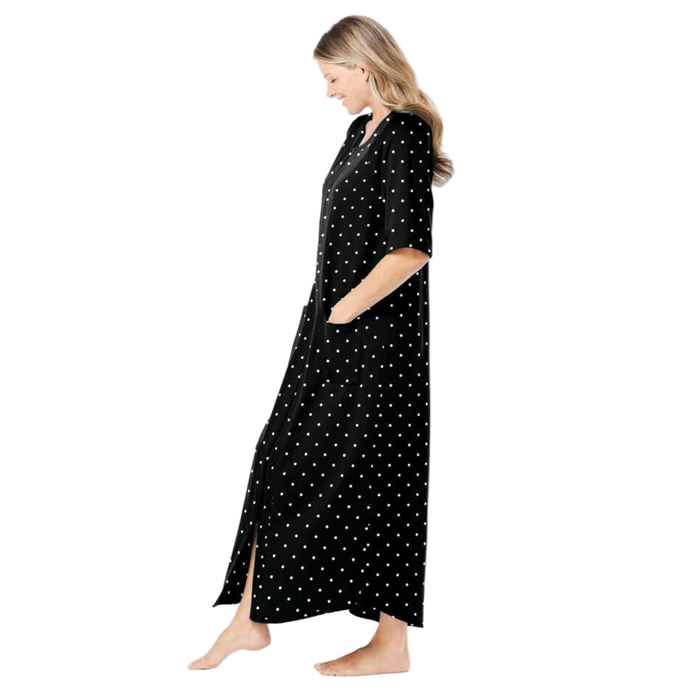 Flat-lay of Black Dot Long French Terry Robe on neutral background