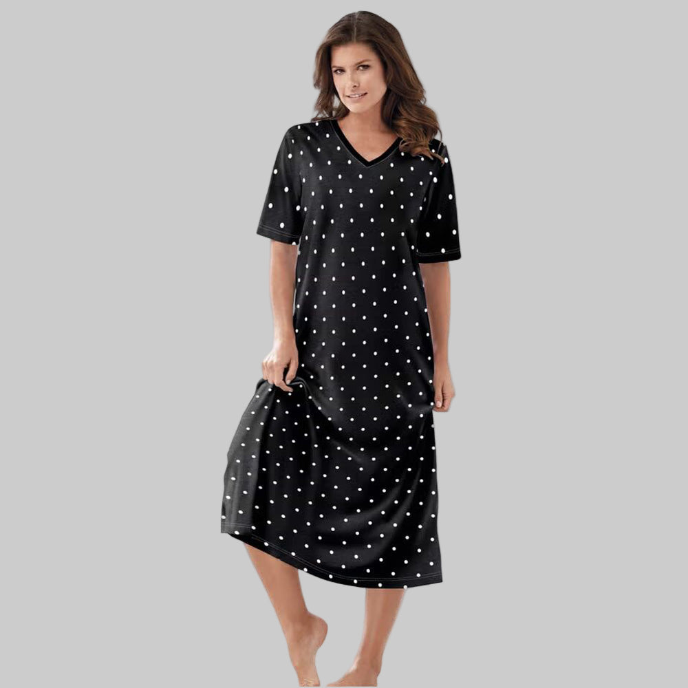 Black Dot Plus Size Long Sleepshirt with V-neck and A-line side-slit design.
