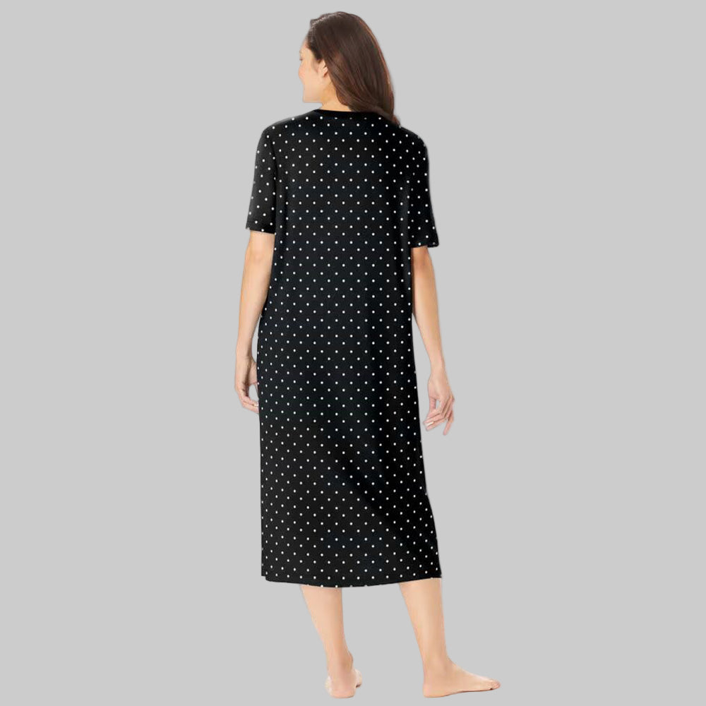 Black Dot Plus Size Long Sleepshirt with V-neck and A-line side-slit design.