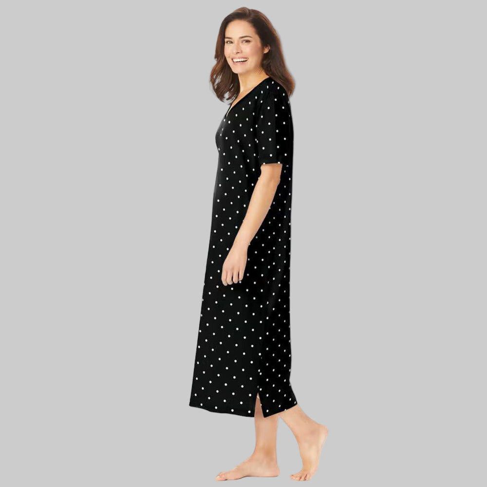 Black Dot Plus Size Long Sleepshirt with V-neck and A-line side-slit design.