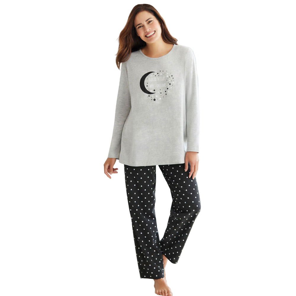 Black Dot Long Sleeve Knit PJ Set with graphic print top and matching bottoms, relaxed fit, elastic waistband – women’s cotton sleepwear.