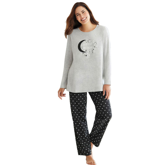 Black Dot Long Sleeve Knit PJ Set with graphic print top and matching bottoms, relaxed fit, elastic waistband – women’s cotton sleepwear.