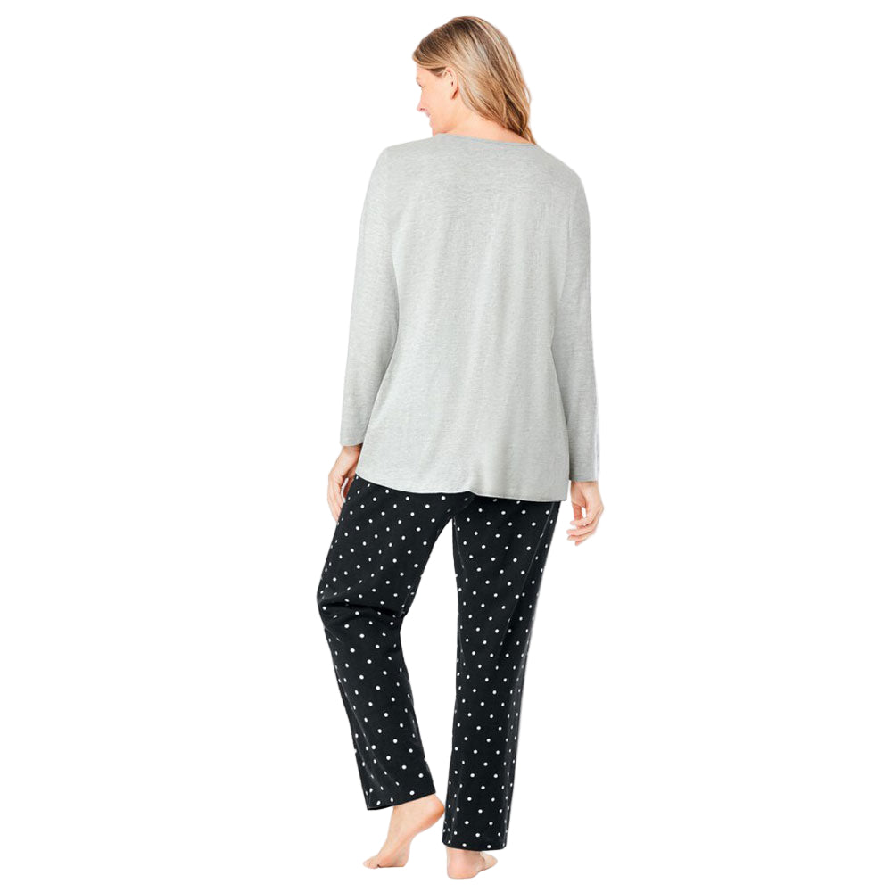 Black Dot Long Sleeve Knit PJ Set with graphic print top and matching bottoms, relaxed fit, elastic waistband – women’s cotton sleepwear.