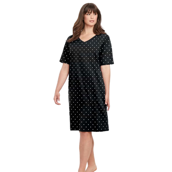 Black Dot Plus Size Short Sleepshirt with V-neck and A-line silhouette.