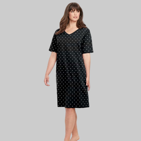 Black Dot Plus Size Short Sleepshirt with V-neck and A-line silhouette.