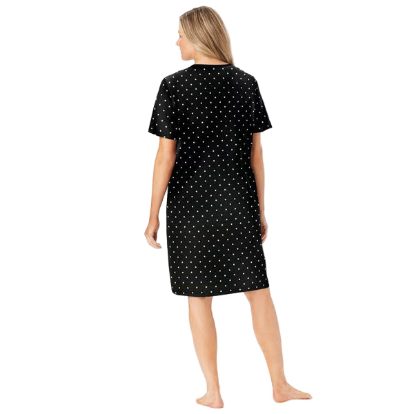Black Dot Plus Size Short Sleepshirt with V-neck and A-line silhouette.