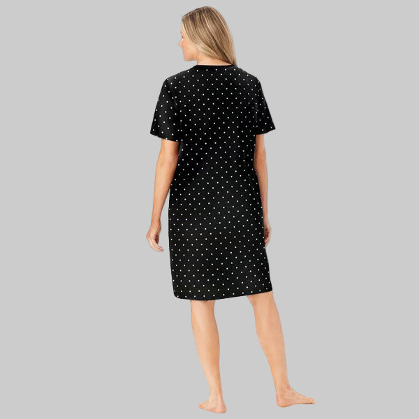 Black Dot Plus Size Short Sleepshirt with V-neck and A-line silhouette.