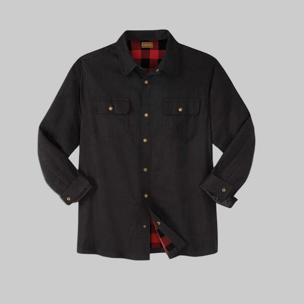 Stay warm and look sharp with our Black Flannel-Lined Twill Shirt Jacket — the perfect blend of rugged utility and all-day comfort. Crafted from durable lightweight cotton twill and fully lined with colorful plaid flannel, this shirt jacket provides just the right amount of warmth without bulk.
Featuring an antique brass snap-front closure, snap cuffs, and flap chest pockets, it’s built for both function and style. The double-needle stitching ensures long-lasting wear, while side seam pockets add convenien