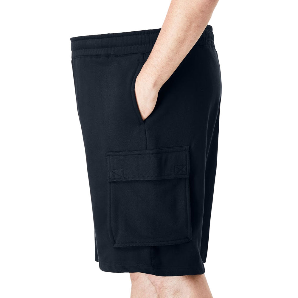 Plus-size fleece cargo shorts with a relaxed fit, elastic waistband, drawstring, and secure cargo pockets for comfort and function.