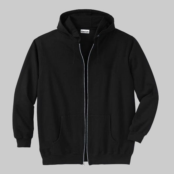 Black fleece zip-front hoodie with drawstring hood, front pockets, and rib-knit cuffs and hem, designed for big and tall plus-size comfort.