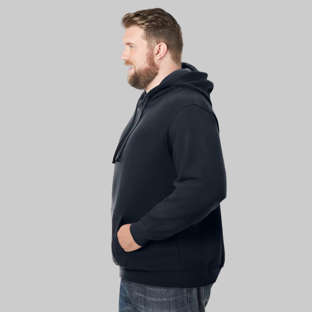 Black fleece pullover hoodie for plus-size men with adjustable drawstring hood, front pouch pocket, and ribbed cuffs — soft and breathable casual wear.