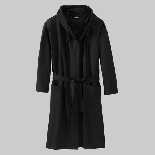 Black Fleece Big & Tall Size Robe with adjustable hood, patch pockets, and belt — soft cotton-blend men’s robe for warmth and comfort.