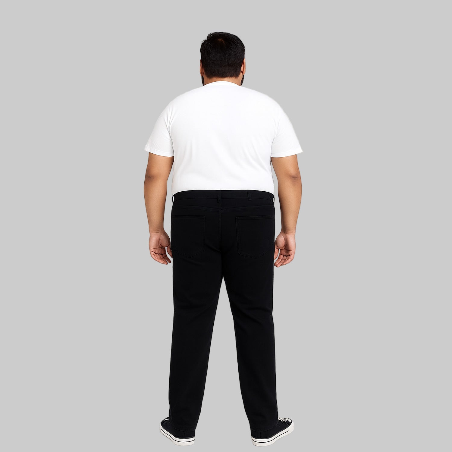 Black Flex Stretch Slim Fit Jeans for men, dark wash denim with stretch, straight leg, mid-rise waist, and slim fit style.