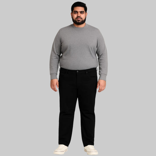 Black Flex Stretch Slim Fit Jeans for men, dark wash denim with stretch, straight leg, mid-rise waist, and slim fit style.