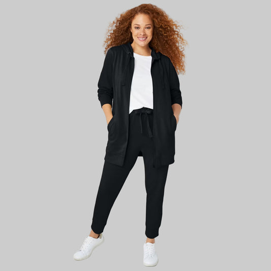 Black French Terry Joggers with elastic waistband, drawstring, and ribbed cuffs — ankle-length plus size joggers for casual comfort.