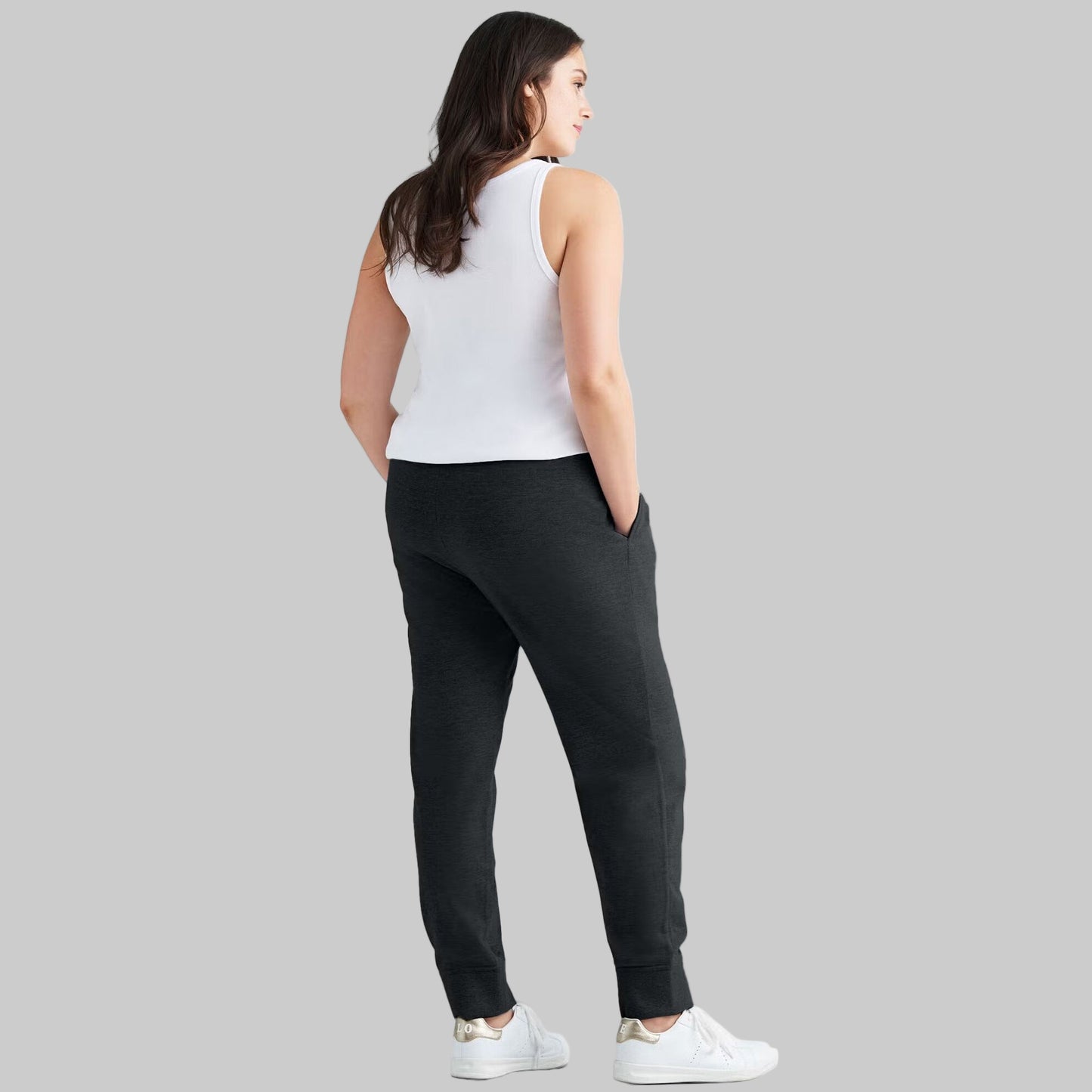 Black French Terry Joggers with elastic waistband, drawstring, and ribbed cuffs — ankle-length plus size joggers for casual comfort.