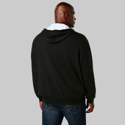 Black thermal lined full-zip hoodie with drawstring hood and front pockets