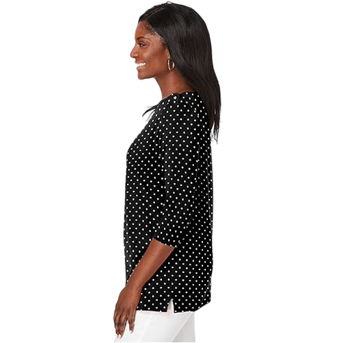 Black ivory polka dot plus size women’s boat neck t-shirt with elbow-length sleeves, displayed on a mannequin.